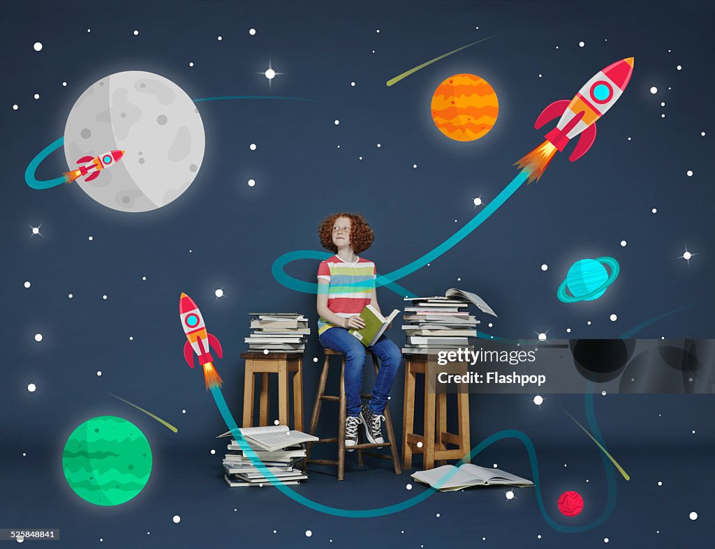 Girl reading books. Cartoon space scene