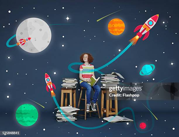 girl reading books. cartoon space scene - imaginação imagens e fotografias de stock