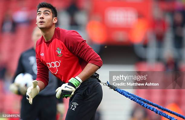 Goalkeeper Paulo Gazzaniga of Southampton warms up wearing a resistance belt