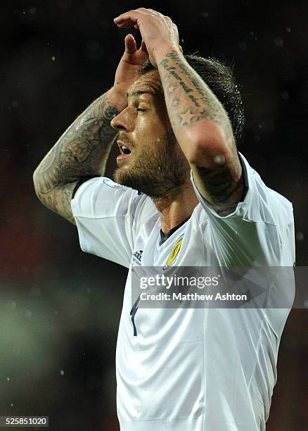 Steven Fletcher of Scotland reacts after his goal is disallowed