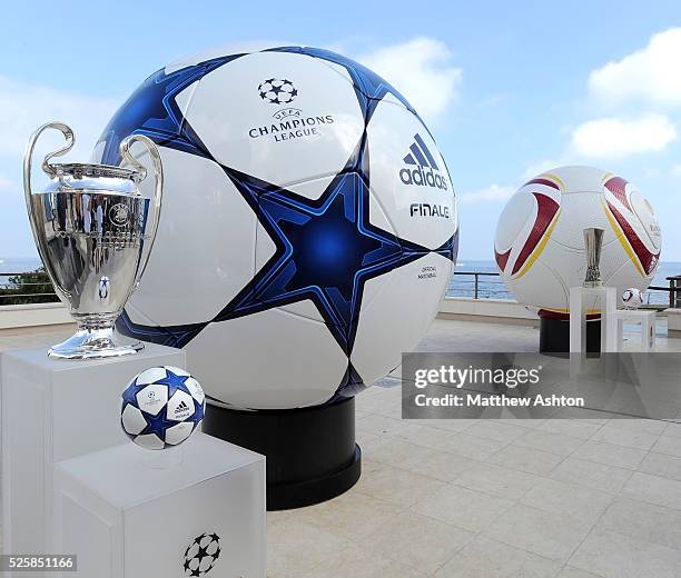 The UEFA Champions League Adidas football outside the Grimaldi Forum in Monte Carlo the venue for the UEFA Champions League and UEFA Europa League...