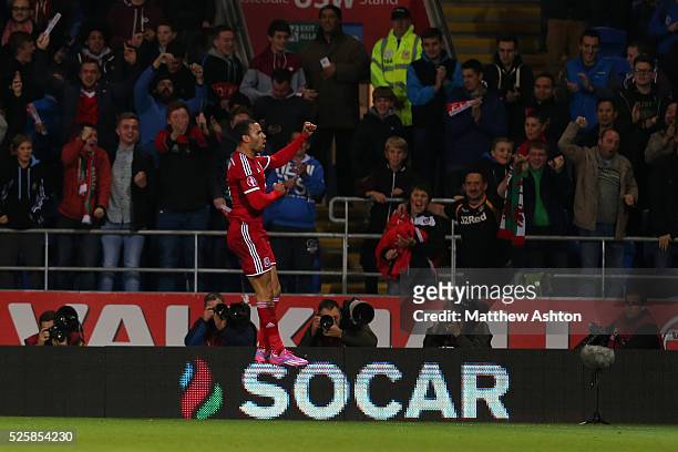 Hal Robson-Kanu of Wales celebrates after scoring a goal to make it 2-0