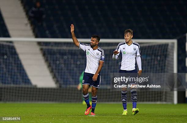 Adil Nabi of West Bromwich Albion U21 celebrates after scoring a goal to make it 4-1 - his hat-trick goal