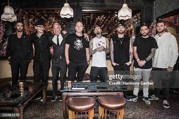 Tyson Ritter, Matt Skiba, John Feldman, Mark Hoppus and Travis Barker arrive at Blind Dragon on April 28, 2016 in West Hollywood, California.