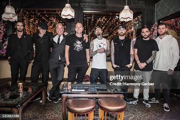 Tyson Ritter, Matt Skiba, John Feldman, Mark Hoppus and Travis Barker arrive at Blind Dragon on April 28, 2016 in West Hollywood, California.