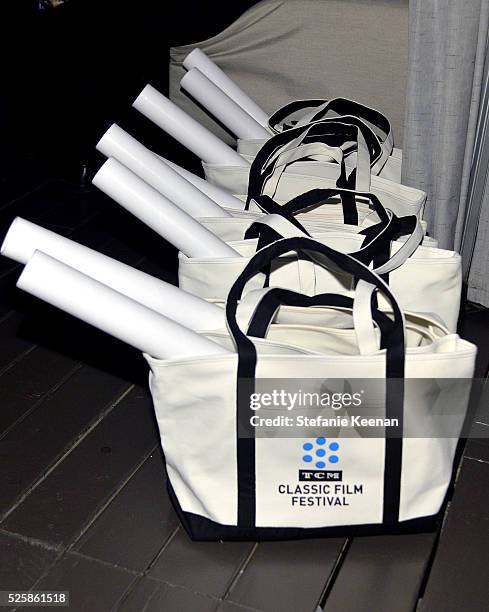 Gift bags on display during the TCM Classic Film Festival 2016 Opening Night After Party on April 28, 2016 in Los Angeles, California. 25826_005