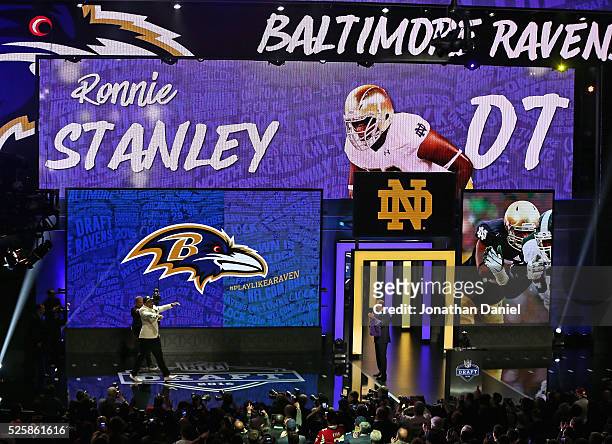 Ronnie Stanley walks onto the stage after being drafted by the Baltimore Ravens during the 2016 NFL Draft at the Auditorium Theater on April 28, 2016...