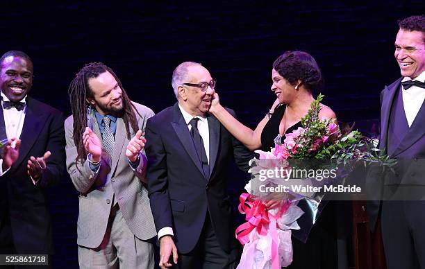 Joshua Henry, Savion Glover, George C. Wolfe, Audra McDonald and Brian Stokes Mitchell during the Broadway Opening Night Curtain Call for 'Shuffle...