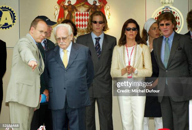 Prince Albert of Monaco is seen attending the F1 Race arrival with Prince Rainier, Princess of Hanover and Ernst August of Hanover with Andrea...