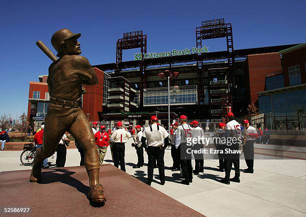 Statue of Phillies great Mike Schmidt outside the stadium before the Philadelphia Phillies game against the Washington Nationals at Citizens Bank...