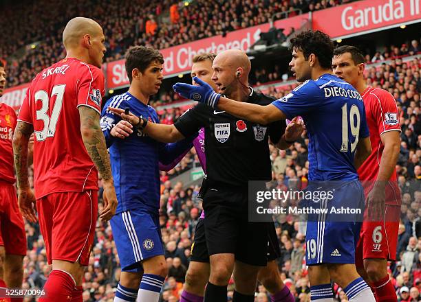 Martin Skrtel of Liverpool squares up to Diego Costa of Chelsea