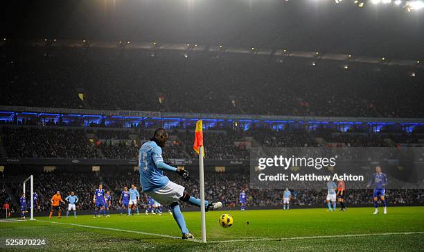 Mario Balotelli of Manchester City takes a corner at Eastlands, The City of Manchester Stadium, home of Manchester City