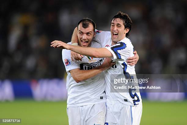 Goran Pandev of FC Internazionale Milano congratulates Diego Milito of FC Internazionale Milano as he celebrates after scoring a goal to make it 0-3