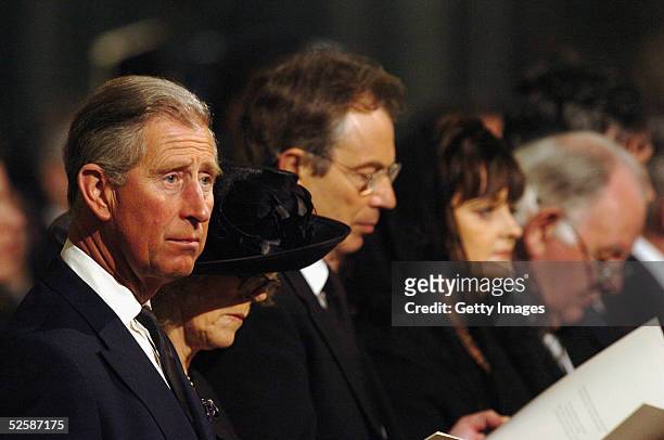 The Prince of Wales, Camilla Parker-Bowles, British Prime Minister Tony Blair and his wife Cherie attend a service in memory of Pope John Paul II at...