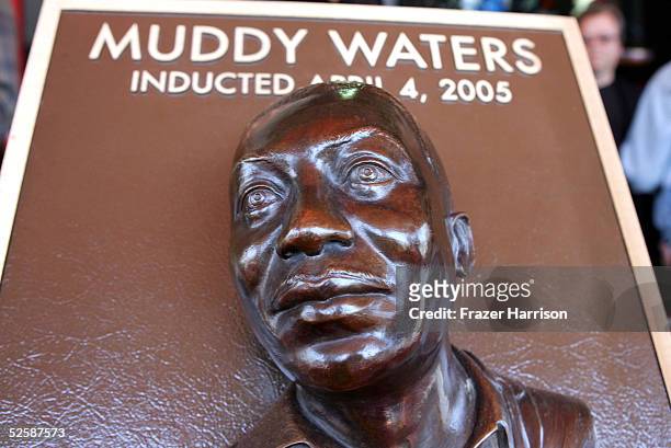 Plaque dedicated to musician Muddy Waters lies as he is inducted into the Hollywood Rockwalk along with Robert Cray, Solomon Burke and Etta James on...
