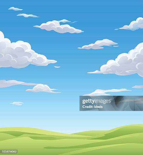 ilustraciones, imágenes clip art, dibujos animados e iconos de stock de prado verde bajo cielo nublado - nubes cielo