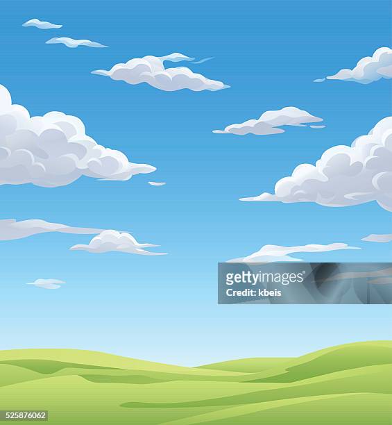 green meadow under a cloudy sky - cloud sky stock illustrations