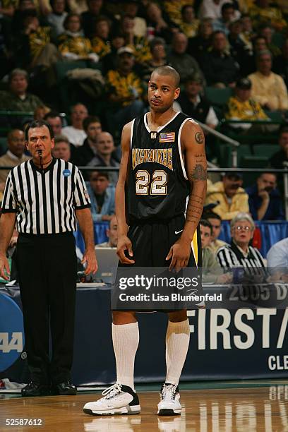 Ed McCants of the Wisconsin-Milwaukee Panthers stands on the court during the game with the Boston College Eagles in the second round of the 2005...