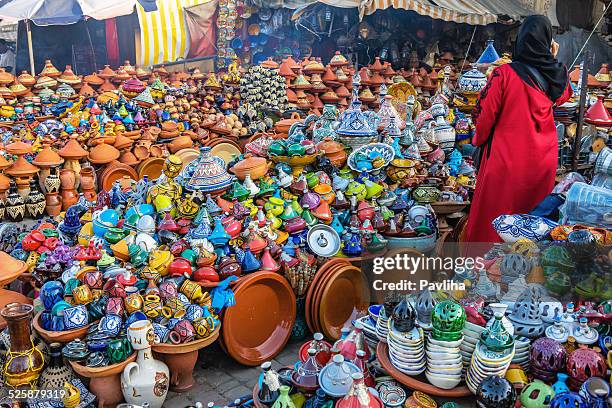 colorful moroccan tajine pots at a souk in meknes, africa - meknes bildbanksfoton och bilder