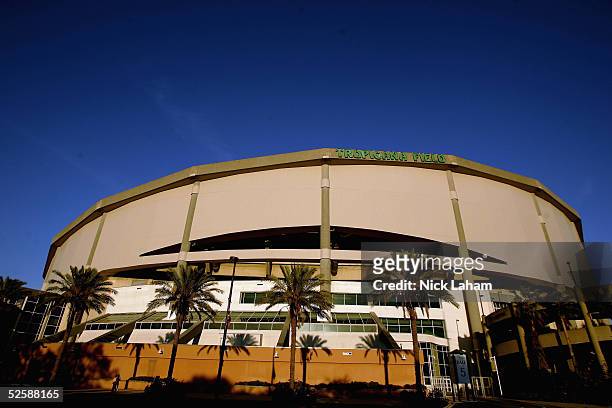 An exterior view of Tropicana Field is seen after the Tampa Bay Devil Rays home opener against the Toronto Blue Jays at Tropicana Field on April 4,...