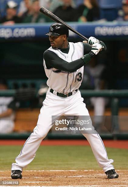 Carl Crawford of the Tampa Bay Devil Rays bats against the Toronto Blue Jays during the Devil Rays home opener at Tropicana Field on April 4, 2005 in...