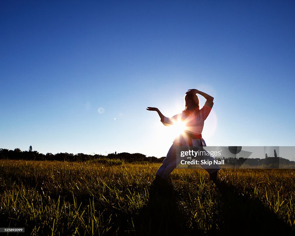 Female martial arts champion practicing