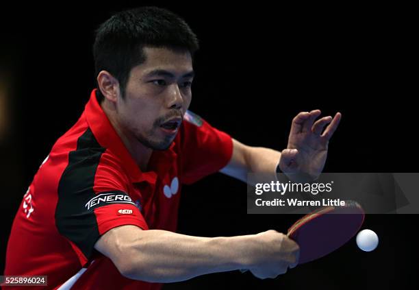 Chuang Chih-Yuan of Chinese Taipei in action during the Men's Singles Challenge against Wong Chun Ting of Hong Kong during day two of the Nakheel...