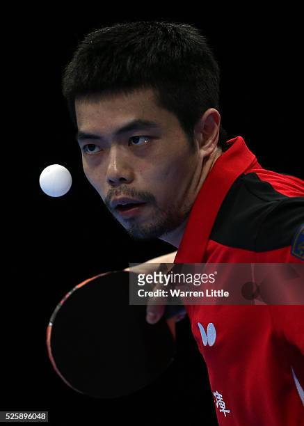 Chuang Chih-Yuan of Chinese Taipei in action during the Men's Singles Challenge against Wong Chun Ting of Hong Kong during day two of the Nakheel...