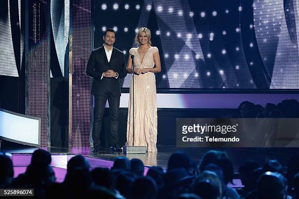 Pictured: Victor Manuelle and Blanca Soto speak on stage during the 2016 Billboard Latin Music Awards at the BankUnited Center in Miami, Florida on...