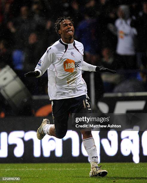 Daniel Sturridge of Bolton Wanderers celebrates after scoring a goal to make it 2-0 | Location: Bolton, England.