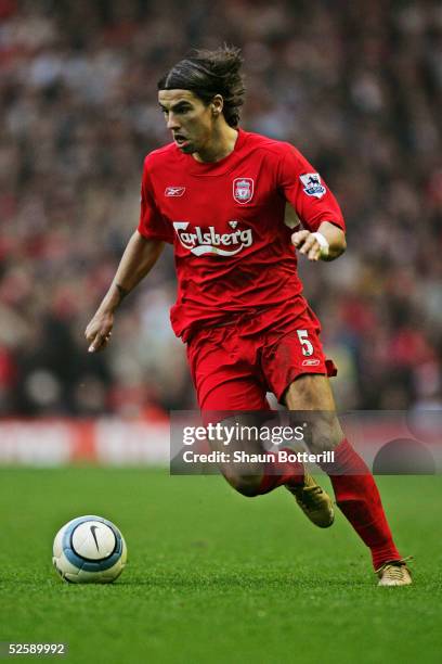 Milan Baros of Liverpool in action during the Barclays Premiership match between Liverpool and Everton at Anfield on March 20, 2005 in Liverpool,...