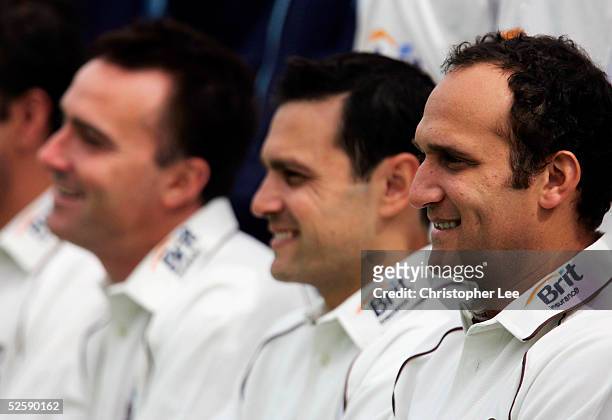 Captain Mark Butcher with his team mates during the Surrey County Cricket Club Photocall at The Brit Oval on April 5, 2005 in London.
