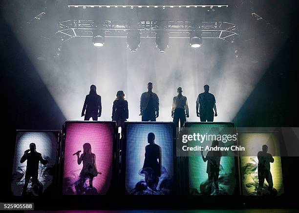 Singers Avi Kaplan, Kirstin Maldonado, Scott Hoying, Mitchell Grassi and Kevin Olusola of Pentatonix perform onstage at Pacific Coliseum on April 28,...