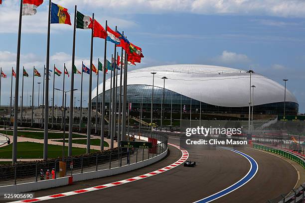 Lewis Hamilton of Great Britain driving the Mercedes AMG Petronas F1 Team Mercedes F1 WO7 Mercedes PU106C Hybrid turbo on track during practice for...