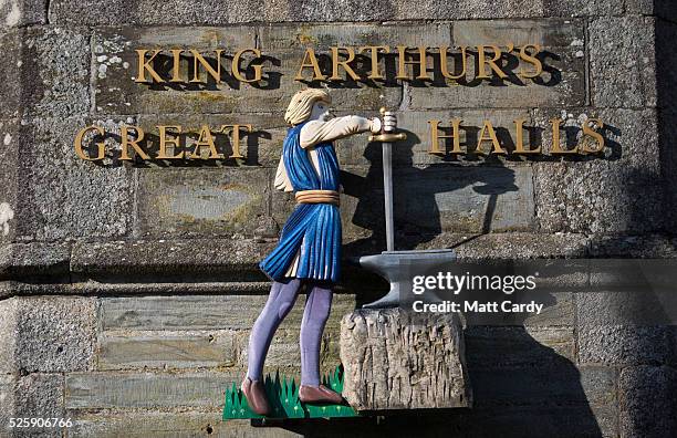 The sun illuminates the front of King Arthur's Great Halls in Tintagel on April 27, 2016 in Cornwall, England. The English Heritage managed site and...