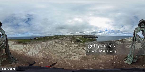 The new 'Gallos' sculpture that has been erected at Tintagel Castle is seen in Tintagel on April 28, 2016 in Cornwall, England. The English Heritage...