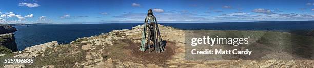 The new 'Gallos' sculpture that has been erected at Tintagel Castle is seen in Tintagel on April 28, 2016 in Cornwall, England. The English Heritage...