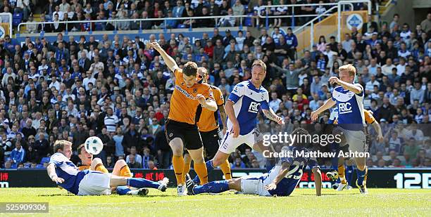 Sam Vokes of Wolverhampton Wanderers is surrounded by Birmingham City players Lee Bowyer, Jean Beausejour, Martin Jiranek and Sebastian Larsson