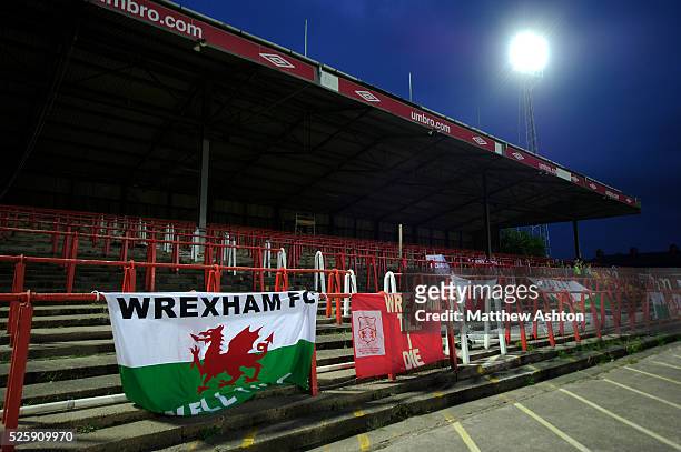 Wrexham flags on the terracing of The Racecourse Ground the home stadium of Wrexham