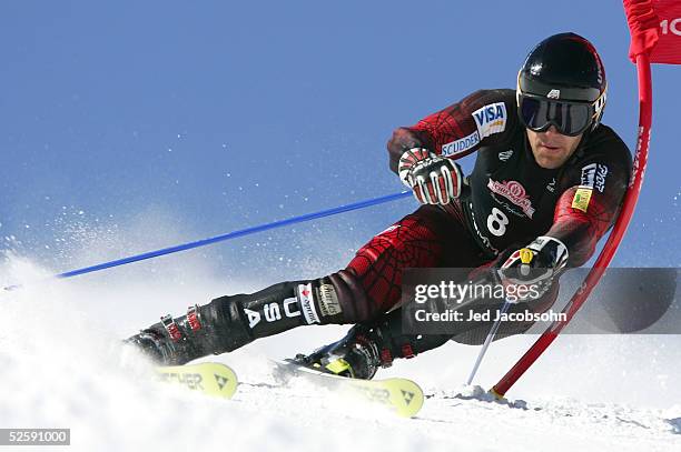 Jake Zamansky executes a turn during the giant slalom portion at the 2005 US Alpine Championships at Mammoth Mountain Resort on April 5, 2005 in...