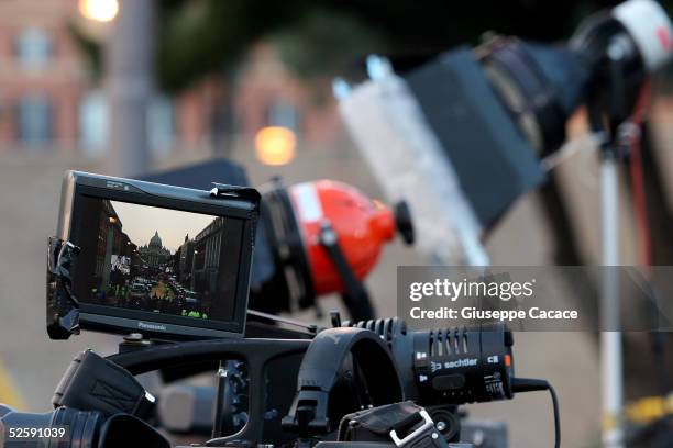 View finder is seen on a TV camera as it stands infront of the St Peter's Basilica on April 5, 2005 in Rome. Tens of thousands of people filled the...