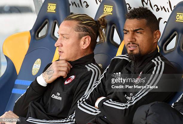 Philippe Mexes and Kevin Prince Boateng of AC Milan look during the Serie A match between Hellas Verona FC and AC Milan at Stadio Marc'Antonio...