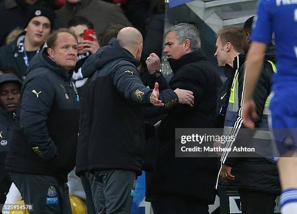 Jose Mourinho the head coach / manager of Chelsea appears to have words with John Carver caretaker manager of Newcastle United and Steve Stone first...