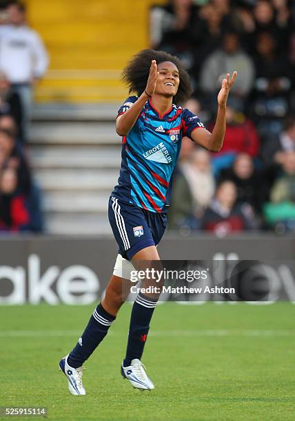 Wendie Renard of Olympique Lyonnais celebrates after scoring a goal to make it 1-0