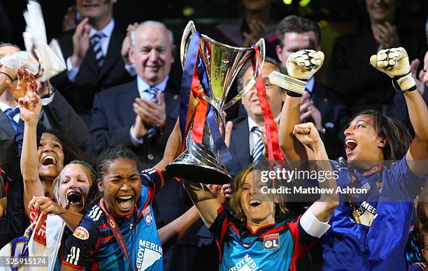 Sonia Bompastorm of Olympique Lyonnais lifts the Womens UEFA Champions League Trophy after beating FFC Turbine Potsdam