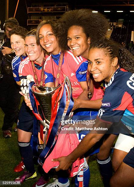 Olympique Lyonnais celebrate with the Womens UEFA Champions League Trophy