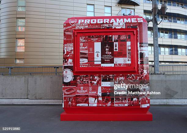 Programme seller booth infront of a block of flats at the Emirates stadium, home of Arsenal