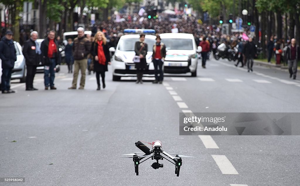 French police uses drones during protest against labour reform proposals in Paris