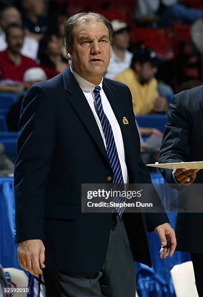 Joe Mihalich of the Niagara Purple Eagles watches from the sideline during the game with the Oklahoma Sooners in the first round of the NCAA Men's...