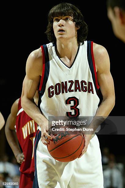 Adam Morrison of the Gonzaga Bulldogs shoots a free throw during the game with the Winthrop Eagles in the first round of the NCAA Men's Basketball...